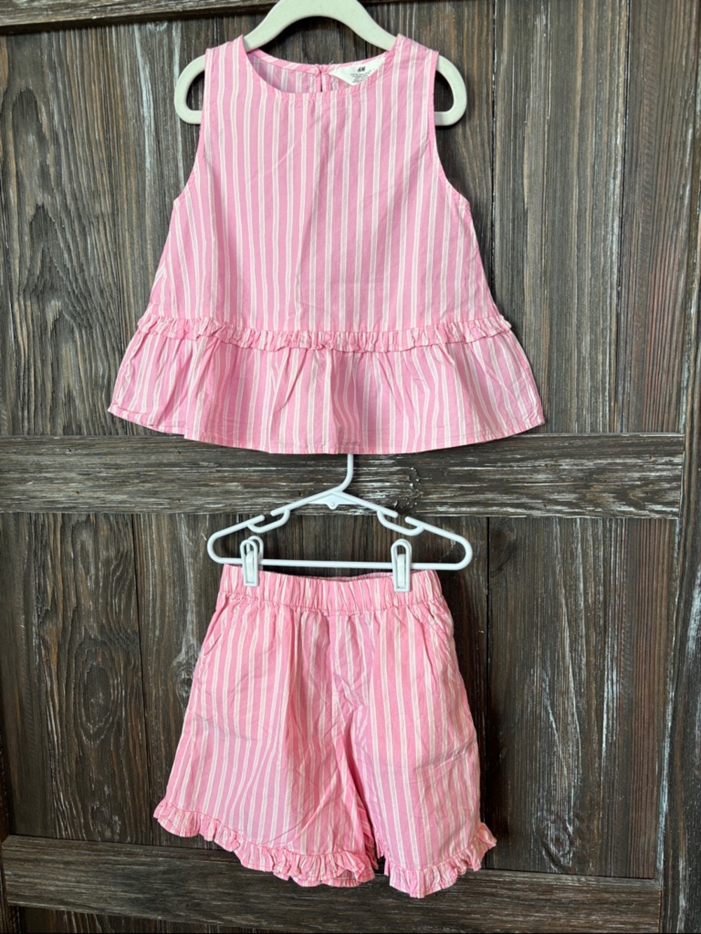 H&M Pink & White Striped Girls Matching Top & Shorts Set